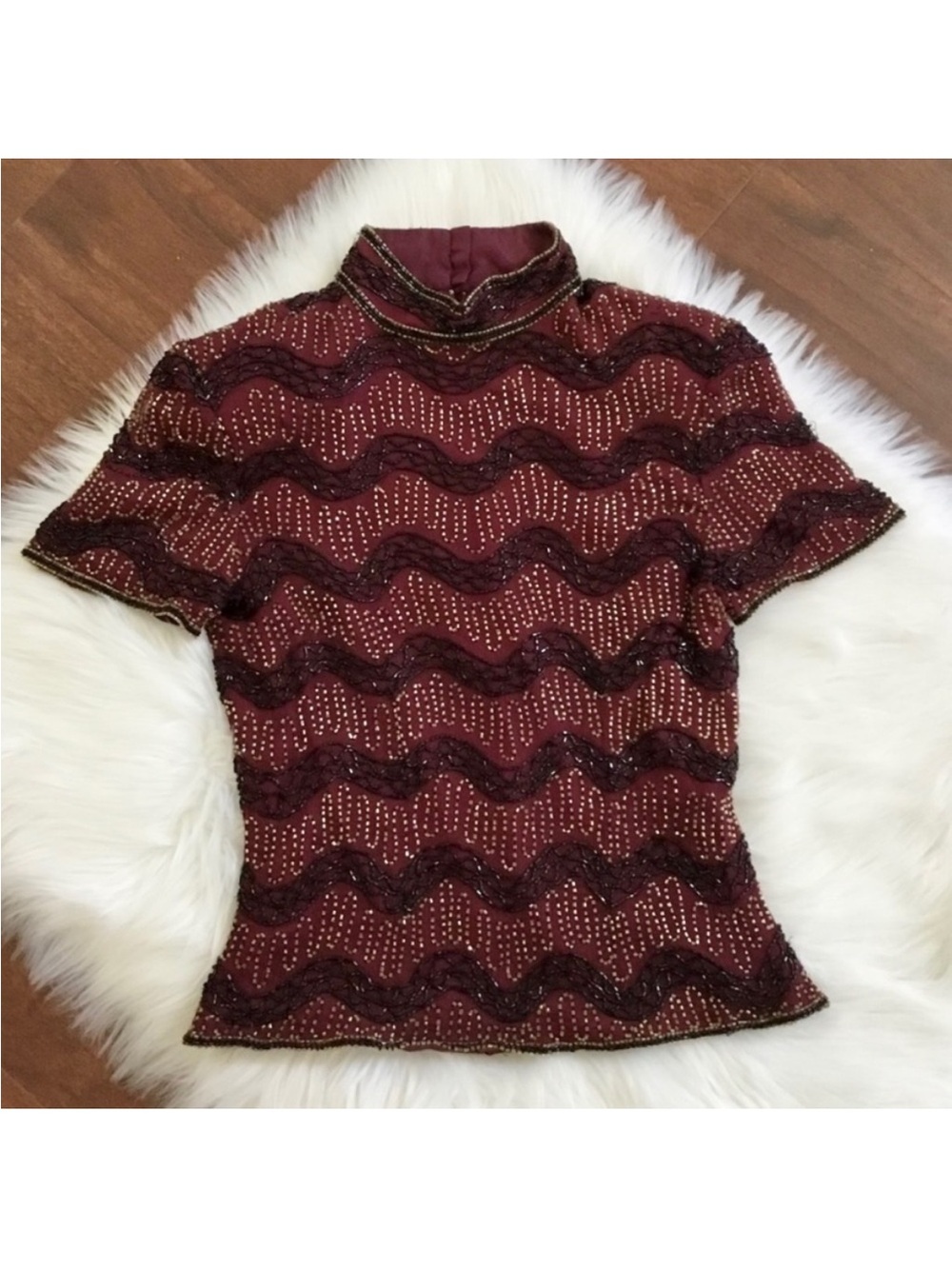 Papell Boutique Silk Beaded High Neck Top